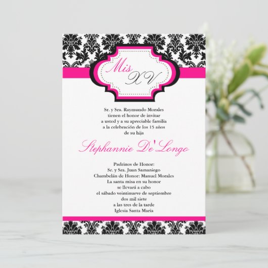 12x18 Hot Pink Damask Quinceanera Einladung (Stehend Vorderseite)