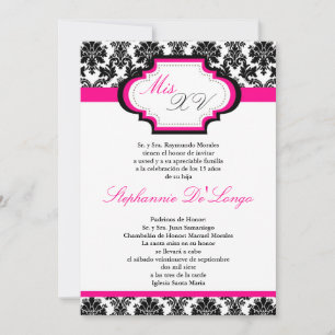 12x18 Hot Pink Damask Quinceanera Einladung