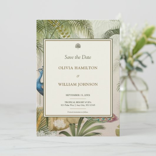 12x18 Ivory Tropical Peacock Palm Wedding Save The Date (Stehend Vorderseite)