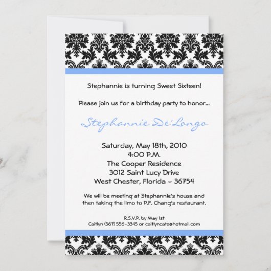 12x18 Light Blue Damask Geburtstagsparty Einladung (Vorderseite)