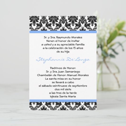 12x18 Light Blue Damask Quinceanera Einladung (Stehend Vorderseite)