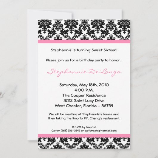 12x18 Light Pink Damask Geburtstagsparty Einladung (Vorderseite)