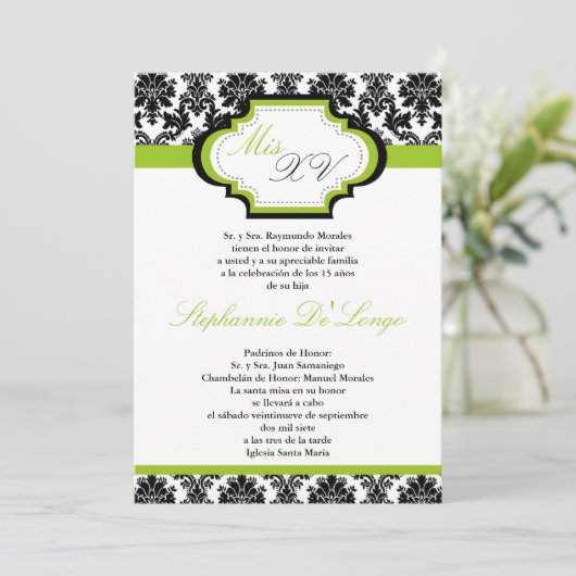 12x18 Lime Green Damask Quinceanera Einladung (Stehend Vorderseite)