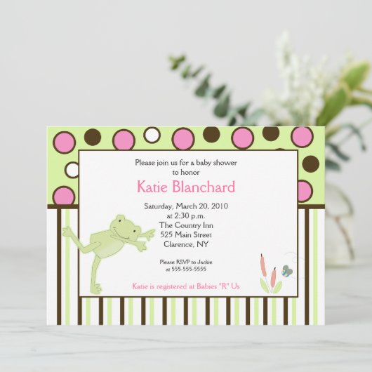 12x18 Mod Leap Frog Pink Trendy Dot Kinderdusche Einladung (Stehend Vorderseite)