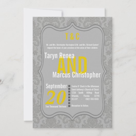 12x18 Modern Gray Damask Gelbe Hochzeitseinladung Einladung (Vorderseite)