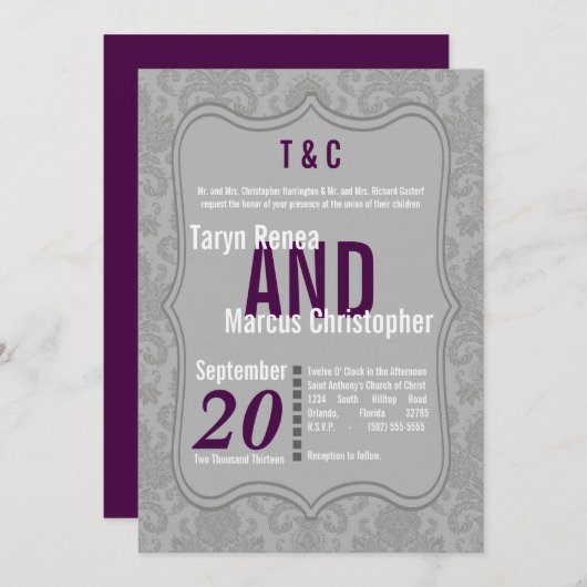 12x18 Modern Gray Damask Lila Hochzeitseinladung Einladung (Vorne/Hinten)