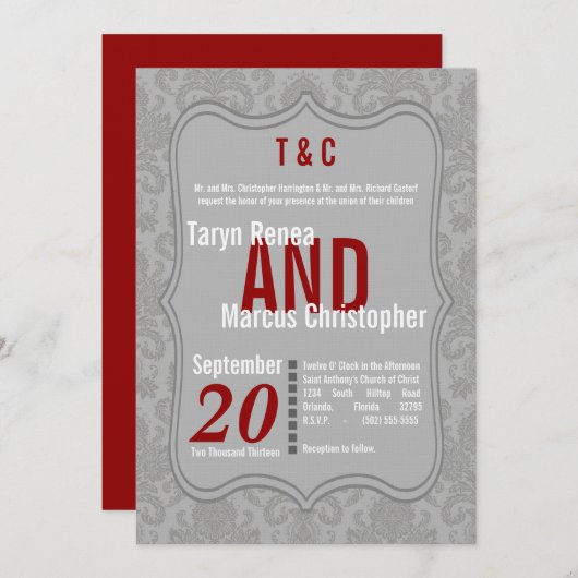 12x18 Modern Gray Damask Red Wedding Einladung (Vorne/Hinten)
