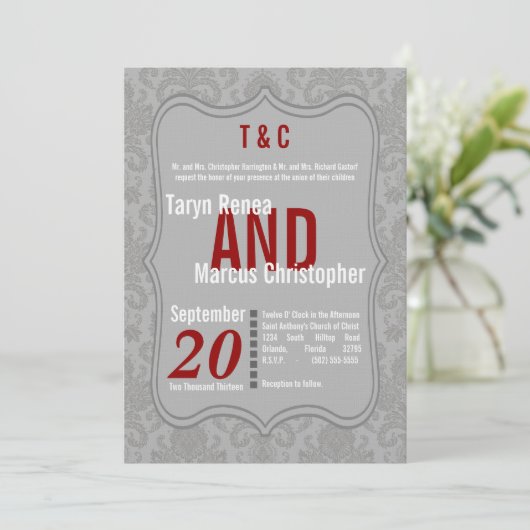 12x18 Modern Gray Damask Red Wedding Einladung (Stehend Vorderseite)