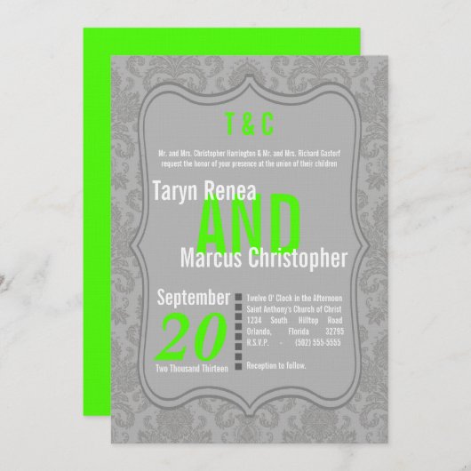 12x18 Modern Gray Neon Damask Einladung zur Hochze (Vorne/Hinten)