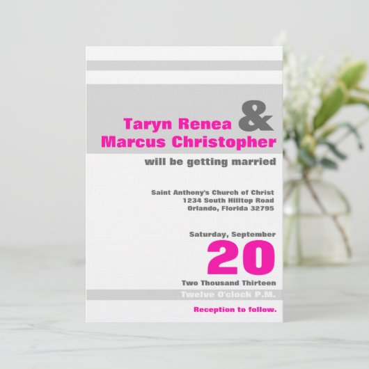 12x18 Modern Neon Pink Gre Stripe Hochzeit Einladu Einladung (Stehend Vorderseite)