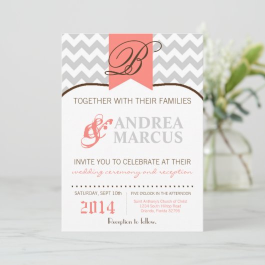 12x18 moderner Zickzack Streifen-korallenrote Einladung (Stehend Vorderseite)