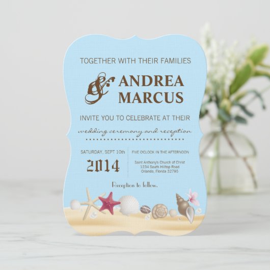 12x18 Muscheln Beach Sand Tropi Einladung Hochzeit (Stehend Vorderseite)