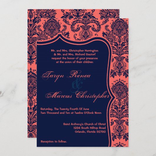 12x18 Navy Blue Coral Damask Spitzen Einladung Hoc (Vorne/Hinten)