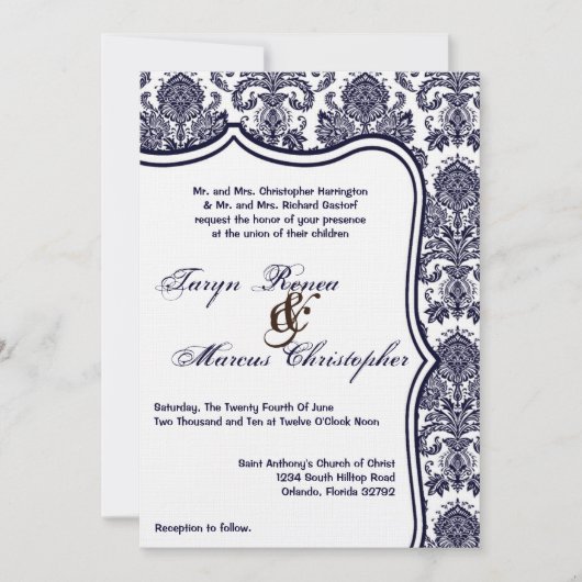 12x18 Navy Blue Damask Lace Hochzeit Einladung (Vorderseite)