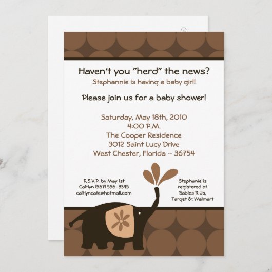 12x18 Niedlich Brown Elephant Baby Dusche Einladun Einladung (Vorne/Hinten)
