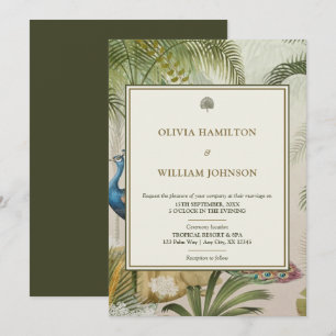 12x18 Olive Green Tropical Peacock Palm Wedding Einladung