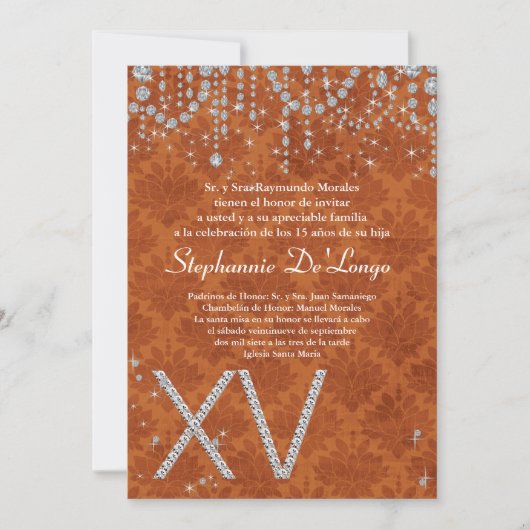 12x18 Orange Diamond Quinceanera Einladung zum Geb (Vorderseite)