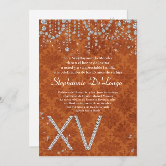 12x18 Orange Diamond Quinceanera Einladung zum Geb (Vorne/Hinten)