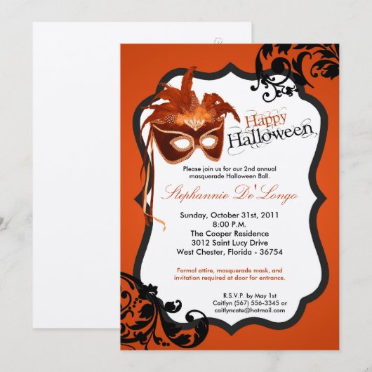 12x18 orange Maskerade-Masken-Halloween-Einladung Einladung (Vorne/Hinten)