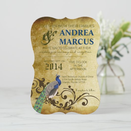 12x18 Peacock Feathers Vintage Wedding Einladung (Stehend Vorderseite)