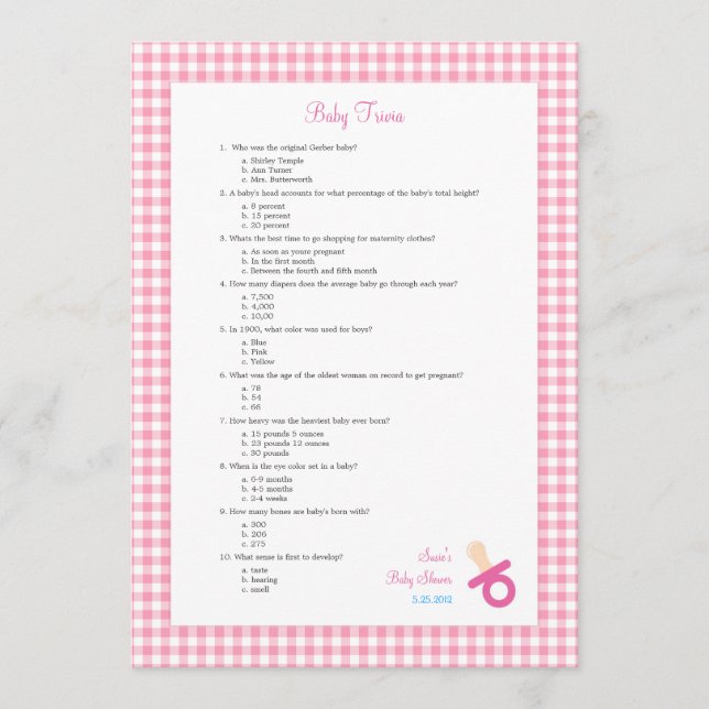12x18 Pink Baby Trivia Duschspiel (Vorderseite)
