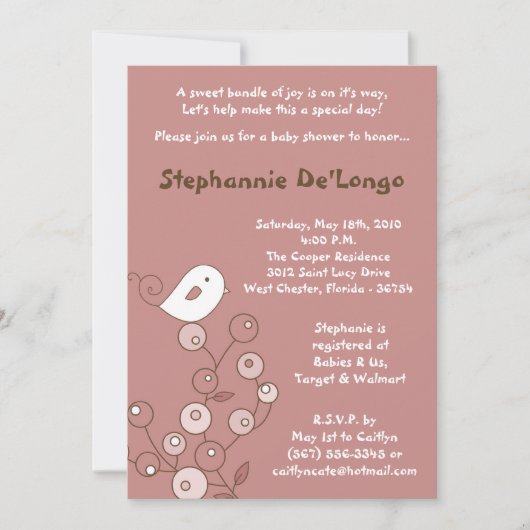 12x18 Pink Bird Retro Bush Kinderdusche Einladung (Vorderseite)