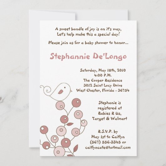 12x18 Pink Bird Retro Bush Kinderdusche Einladung (Vorderseite)