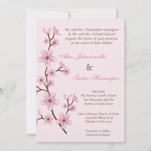 12x18 Pink Cherry Blossom Linen Hochzeitsempfang Einladung (Vorderseite)