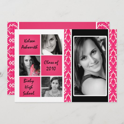 12x18 Pink Damask Foto Abschluss Einladung Announ (Vorne/Hinten)