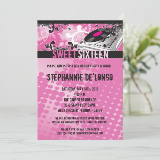 12x18 Pink DJ Spin Turntable16th Birthday Einladun Einladung (Stehend Vorderseite)