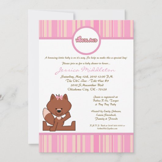 12x18 Pink Girl Woodland Fox Kinderdusche Einladun Einladung (Vorderseite)