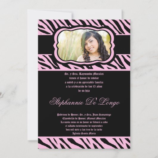 12x18 Pink Zebra Print Quinceanera Einladung (Vorderseite)
