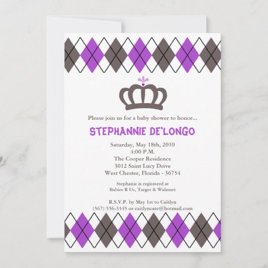 12x18 Purpl Gray Raute Crown Baby Dusche Einladung (Vorderseite)