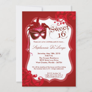 12x18 Red Masquerade Mask 16 Geburtstag Einladung