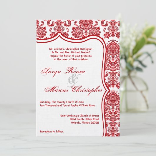 12x18 Red White Damask Lace Wedding Einladung (Stehend Vorderseite)