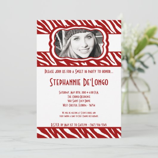 12x18 Red Zebra FOTO Sweet 16 Birthday Einladung (Stehend Vorderseite)