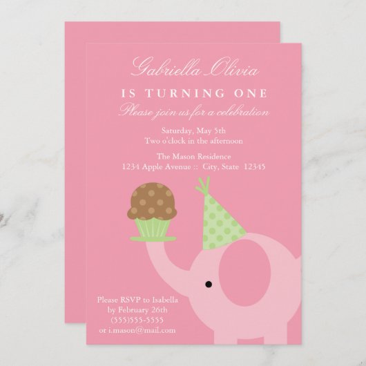 12x18 Rosa Elefant zum Geburtstag Einladung (Vorne/Hinten)