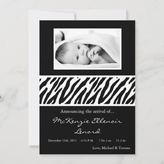12x18 Schwarz-weiß Zebra FOTO Geburtsankündigung Ankündigung (Vorderseite)