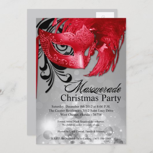 12x18 Silver Red Masquerade Einladung (Vorne/Hinten)