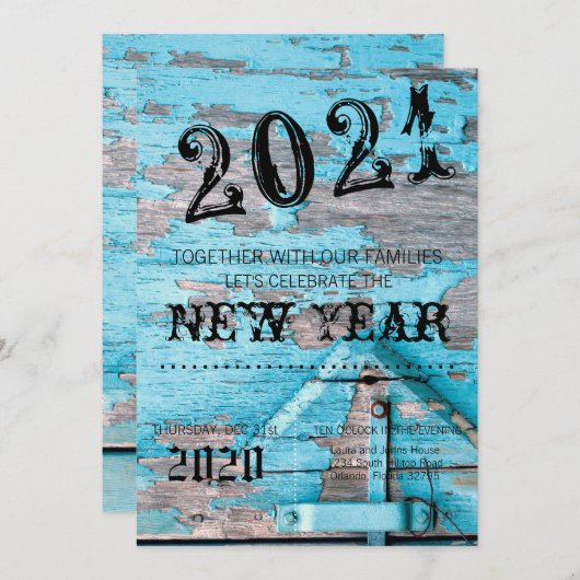 12x18 Silvester Einladung Blauer Holzstall Tür (Vorne/Hinten)