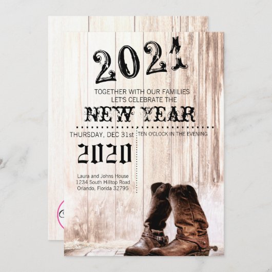 12x18 Silvester Einladung Stiefel Land rustikal (Vorne/Hinten)