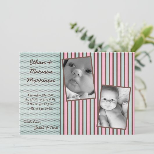 12x18 TWIN Blue Pink Stripe Foto Geburtsankündigun Ankündigung (Stehend Vorderseite)
