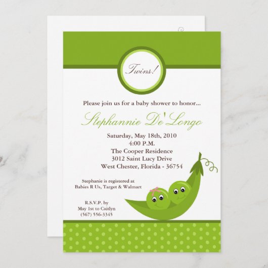 12x18 TWIN Boy Girl Peas Pod Kinderdusche Einladun Einladung (Vorne/Hinten)