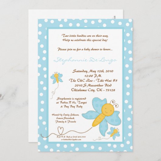 12x18 TWINS Blue Butterfly Baby Dusche Einladung (Vorne/Hinten)