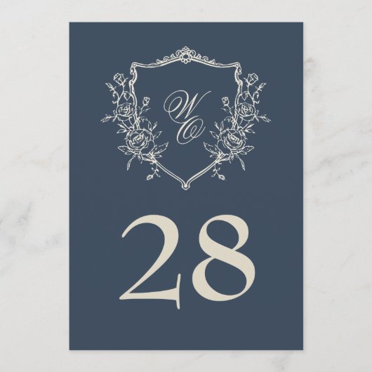 12x18 Vintage Wappen Navy Cream Hochzeit Tischnumm (Vorderseite)