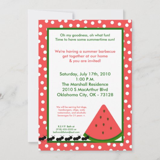 12x18 Wassermelone-Sommer-Picknick-Grill-Einladung Einladung (Vorderseite)