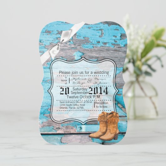 12x18 Wedding Einladung Blue Barn Wood Boots Count (Stehend Vorderseite)