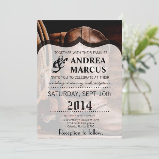 12x18 Wedding Einladung Cowboy Boots Barn Wood Rus (Stehend Vorderseite)