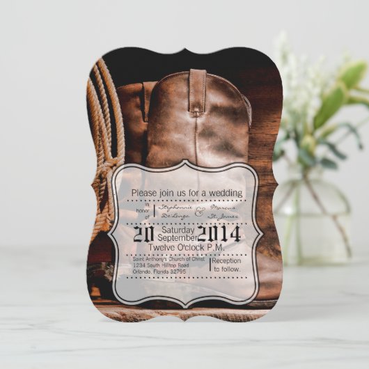 12x18 Wedding Einladung Cowboy Boots Barn Wood Rus (Stehend Vorderseite)