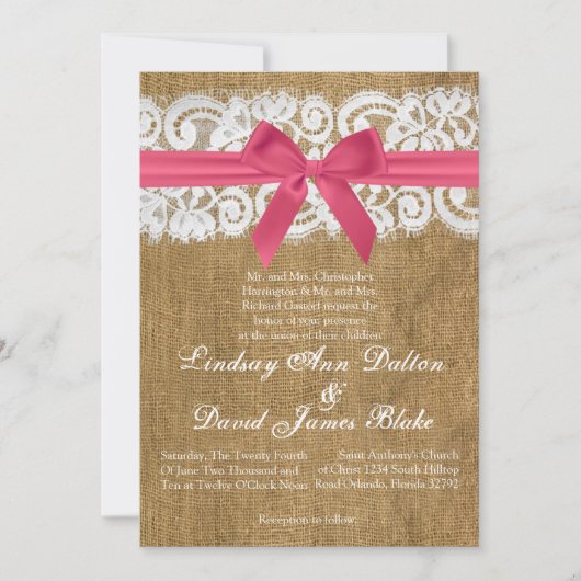 12x18 Wedding Einladung Pink Burlap Lace (Vorderseite)